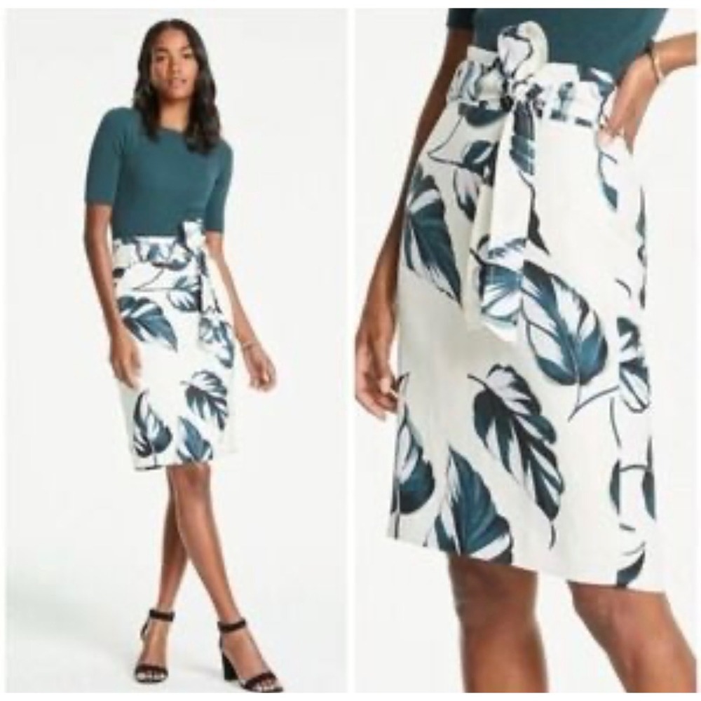 Ann Taylor Linen Blend Leaf Print Paperbag Waist Pencil Skirt Cream‎ Green 2 New